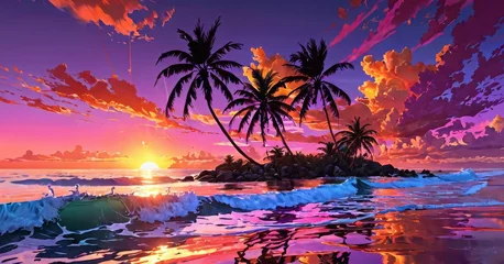 Foto op Plexiglas The tropical sky takes on an enchanted quality as the sun sets, with vivid clouds reflected upon the ocean's surface. Palms stand as silent witnesses to the day's end. AI generation © Anastasiia