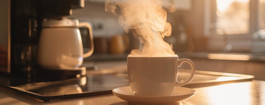 Steaming coffee cup on a kitchen counter with coffee maker in the morning light.