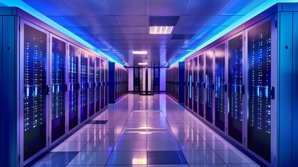 Server room interior with LED lights. Digital network technology concept. Modern data center. Design for technology and cyber security poster
