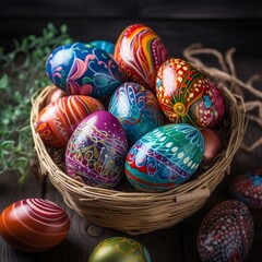Fototapeta premium easter eggs in a basket with colorful happy colors