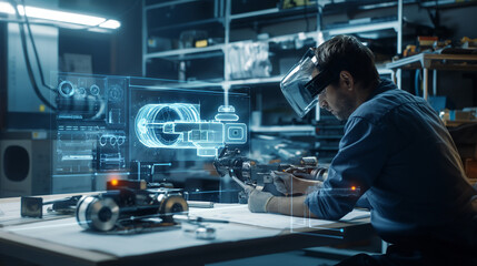 Digitalization in craftsmanship, workshop setting, advanced tools, precision machinery, augmented reality overlays, digital blueprints, remote collaboration, efficiency optimization