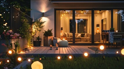 A serene summer evening scene unfolds on the patio of a picturesque suburban house, where twinkling lights illuminate the lush garden, creating a magical ambiance.