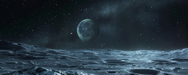 Surreal night scene on the moon with a detailed view of earth rising above the lunar horizon - obrazy, fototapety, plakaty