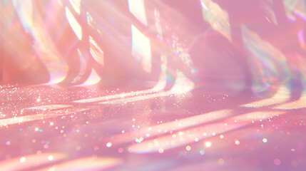 A whimsical, pastel pink backdrop with a holographic glaze, casting a spectrum of light across the...
