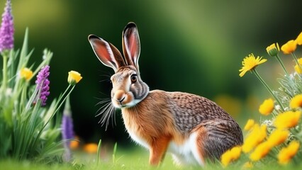Fototapeta na wymiar hare sits on a field with flowers