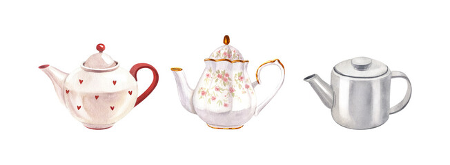Porcelain ceramic set white teapot with a pattern of roses and gold classic style. Watercolor hand-drawn illustration isolated on white background. Perfect for recipe lists with drinks for cafe