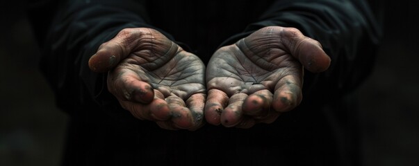 Weathered hands open in offering - obrazy, fototapety, plakaty