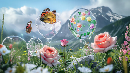 Alpine meadow with petrol-tinted dew, hexagonal flowers, a butterfly, three roses, and floral...