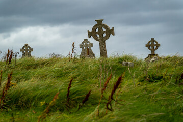 Picturesque Celtic crosses at Cross Abbey graveyard, Mullet Peninsula, County Mayo, Ireland