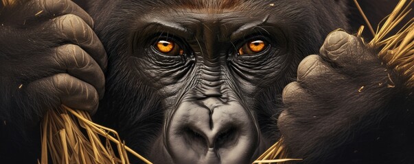 Intense gaze of a gorilla in close-up - obrazy, fototapety, plakaty