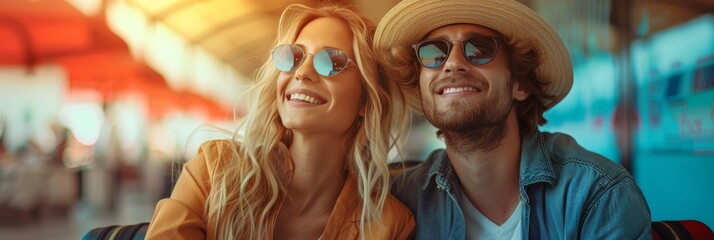 Gleeful partners seated at airport, geared up for global voyage