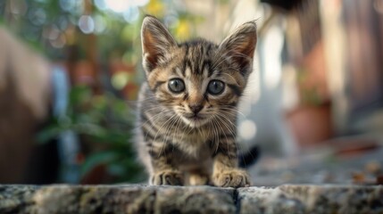 Curious Kitten Peering Over Wall in Daylight. Generative AI