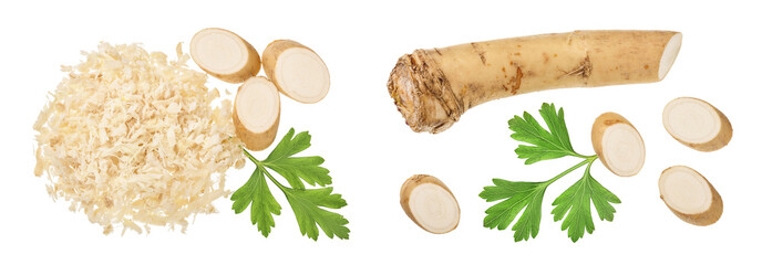 Horseradish root with slices grated pile and parsley isolated on white background. Top view. Flat...