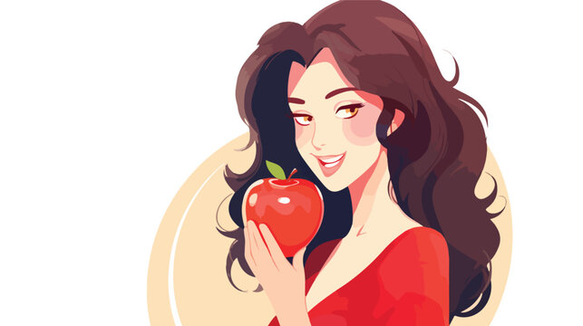 Cartoon woman eating red apple - young girl chewing