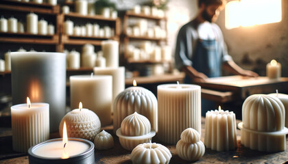 A detailed shot of finished candles next to their molds, with focus on the smooth wax surface and the variety of shapes and sizes. The background softly blurs the workshop space - obrazy, fototapety, plakaty