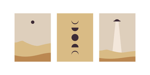 Vector Flat Posters on the theme of Science Fiction. Minimalist posters for printing. Desert. Space and aliens. © aisoneee
