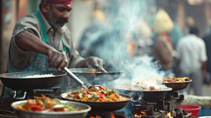 A street vendor cooks indian food on the street in India