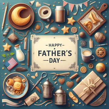Father's Day poster or banner image with necktie and gift box on blue background. Greetings and presents for Father's Day in flat lay styling. Ai  generated image happy fathers day

