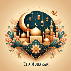 Eid Mubarak greeting Card Illustration, ramadan kareem cartoon vector Wishing for Islamic festival...