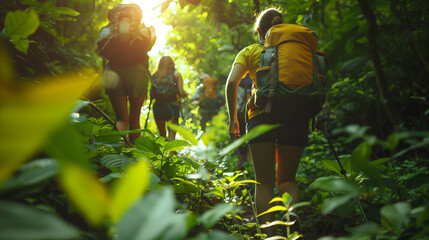 Group of hikers walking in the forest. People hiking in nature.