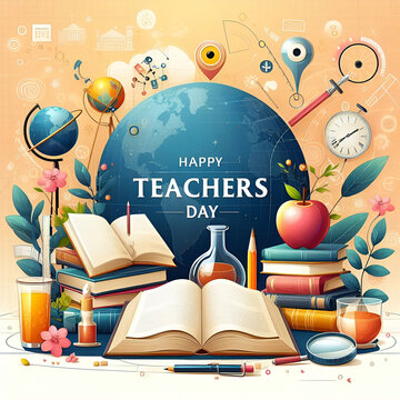 happy teachers day vector illustration with school equipment for poster, brochure, banner and greeting card. Ai generated image