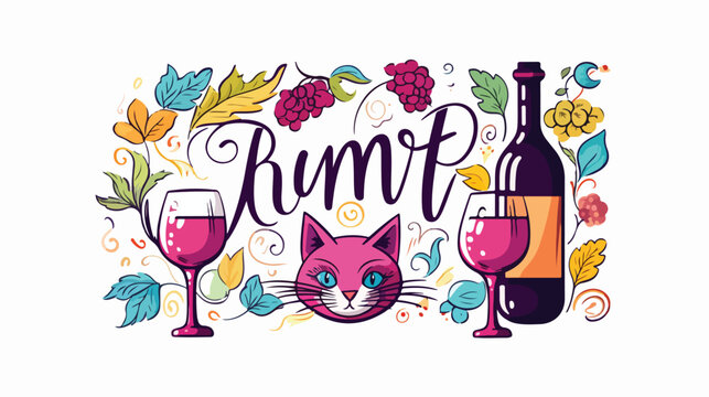 Cat with wine lettering. Its time to wine text model