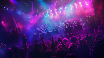 Music scene, concert stage, vibrant lighting, energetic performers, enthusiastic crowd, amplifiers, musical instruments, pulsating rhythm, immersive experience - obrazy, fototapety, plakaty