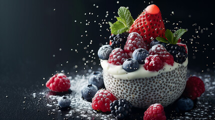 Chia seed pudding with fresh berries on black background, selective focus - obrazy, fototapety, plakaty