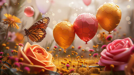 Asters field, petrol dew, hexagonal clusters, a butterfly, three roses, and aster-inspired balloons