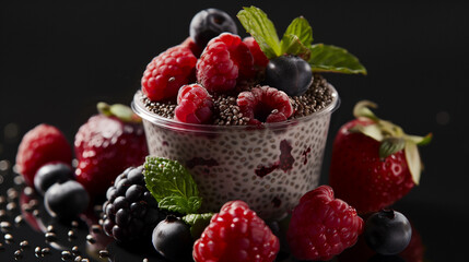 Chia seed pudding with fresh berries and mint on a black background