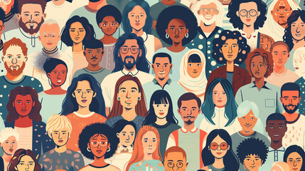 Seamless pattern of diverse people faces. Vector illustration in flat style