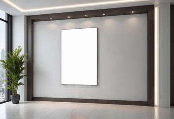 Fototapeta premium A big white canvas in a minimalist room. Picture frame mockup