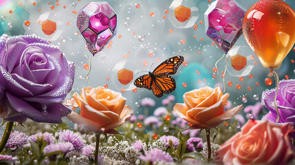Asters field, petrol dew, hexagonal clusters, a butterfly, three roses, and aster-inspired balloons