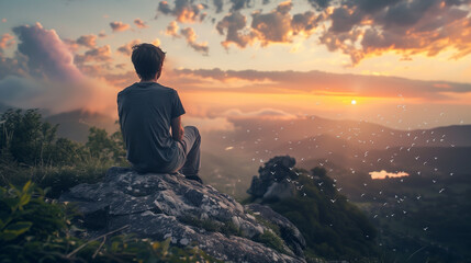 Obraz premium Young man sitting on a rock and looking at the sunset in the mountains