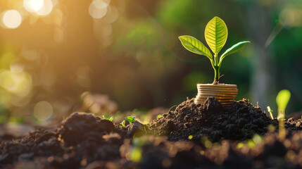 Growing plant on stack of coins, business finance and investment concept.