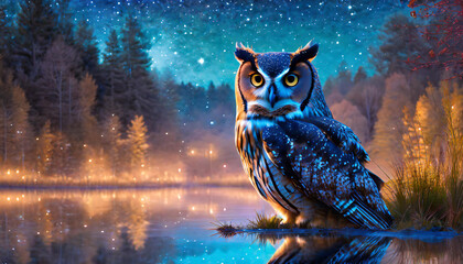 Illustration of a night owl near the lake at night with a golden reflection in the water from the midnight stars - obrazy, fototapety, plakaty