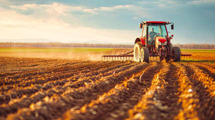 Tractor Plowing a Field at Sunset