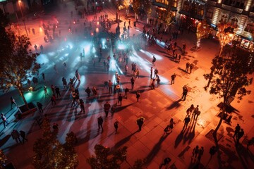 A lively scene at night in a bustling city square, with a large group of people gathered around a fountain. The fountain is illuminated, casting a soft glow on the faces of the spectators