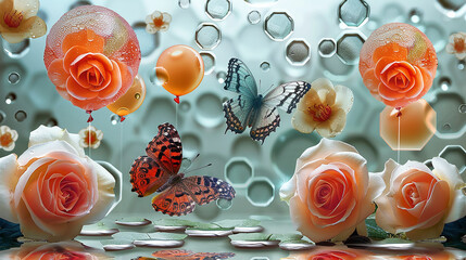 Begonia beds, petrol dew, hexagonal patterns, a butterfly, three roses, and begonia-inspired...