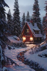 A cabin stands amidst a snowy forest, surrounded by tall trees and a blanket of snow covering the ground. The scene is tranquil and picturesque, with a sense of isolation and peace