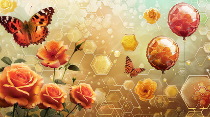 Begonia beds, petrol dew, hexagonal patterns, a butterfly, three roses, and begonia-inspired...