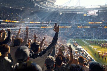 Obraz premium A loud and animated crowd fills the sports stadium, captivated by the action on the field during a thrilling football game