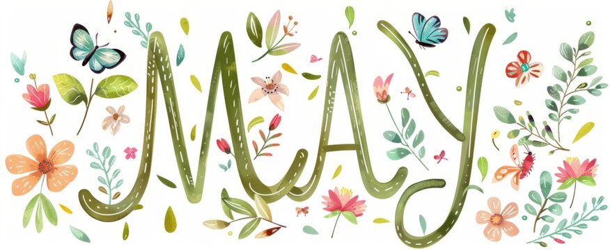 MAY cute text with flowers, leaves and butterflies clip art illustration in the style of cartoon isolated on white background Generative AI