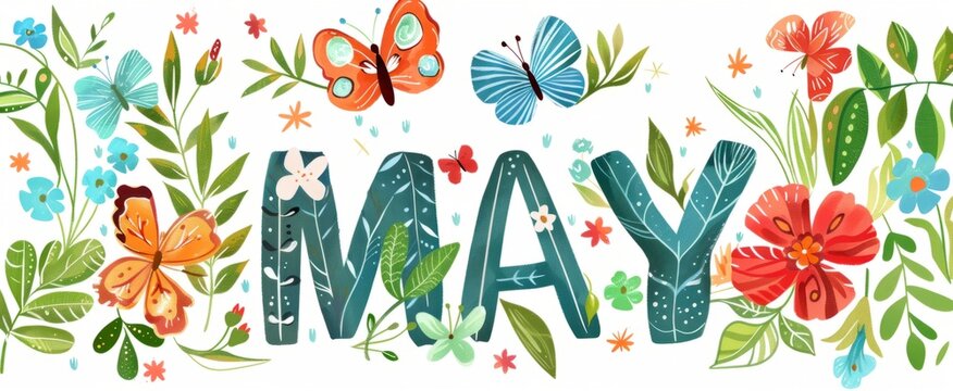 MAY cute text with flowers, leaves and butterflies clip art on a white background Generative AI