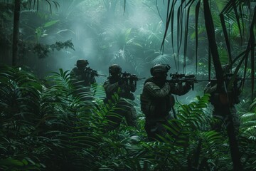 A group of elite commandos conducting a stealth operation in a dense jungle
