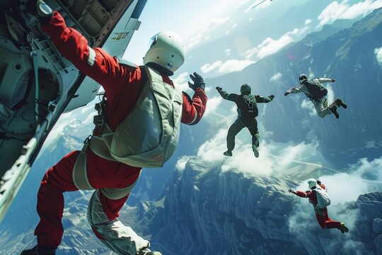 A group of skydivers jumping out of a plane in formation
