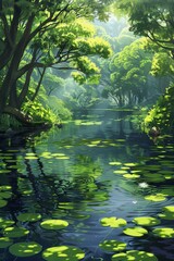 This painting depicts a river flowing through a forest, with tall trees lining the banks. The...