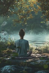 A person seated on a rock by the water, taking a moment to reflect and connect with nature in a serene setting