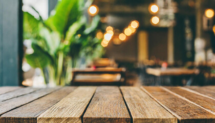 Empty wooden table in cafe setting ideal for product display featuring blurred bokeh background creating abstract for bar restaurant or coffee shop interior space for celebration business or lifestyle - obrazy, fototapety, plakaty