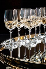 A tray holding a row of sparkling crystal wine glasses. The glasses are arranged neatly on the mirrored surface, creating a visually appealing display